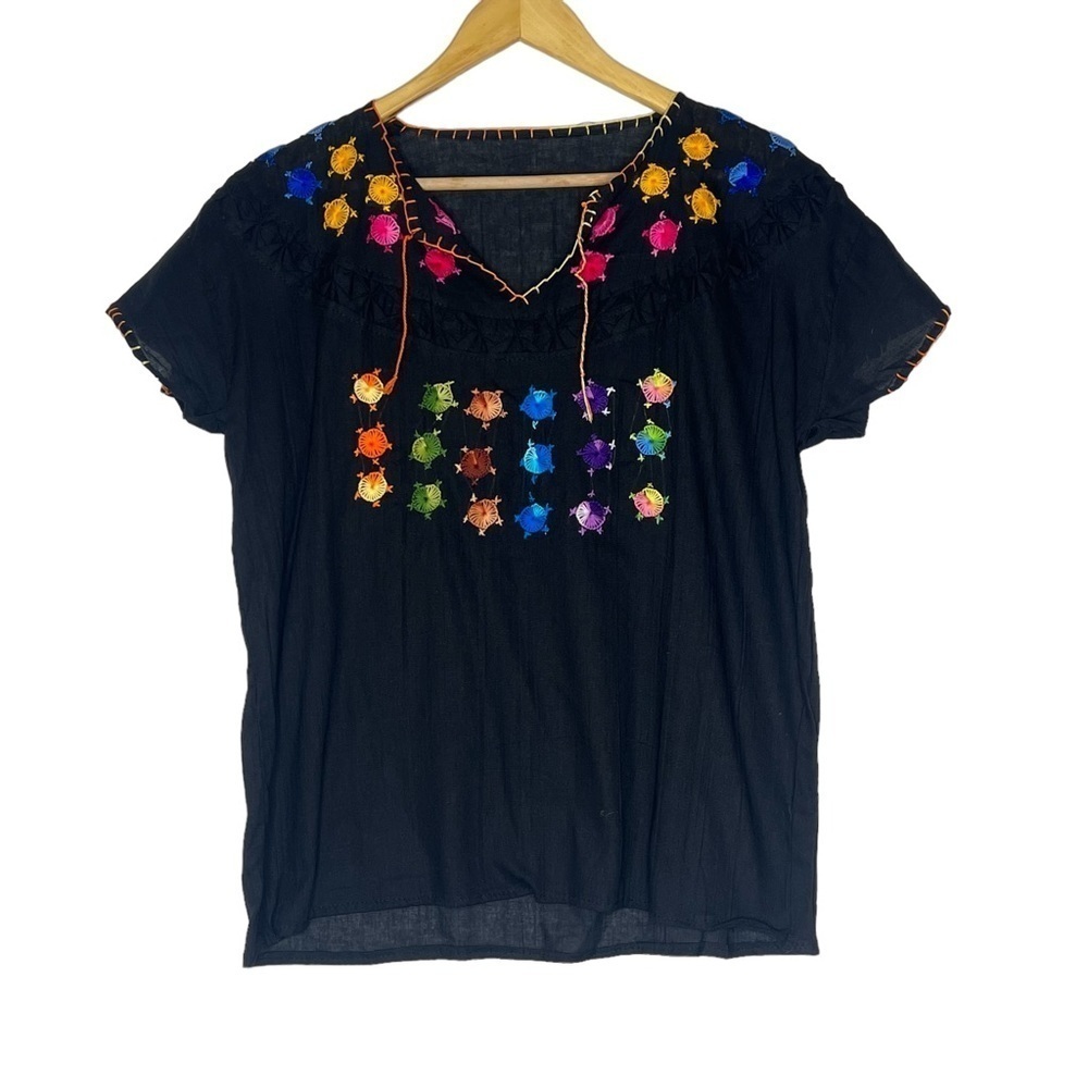 Black Mexican Embroidered Peasant Style Shirt